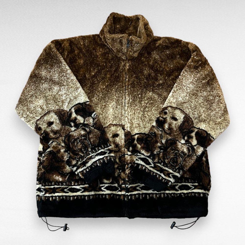 Vtg Cobblestone Canyon Full Zip Fleece Jacket Women Dog All Over Print Large USA - Picture 1 of 5